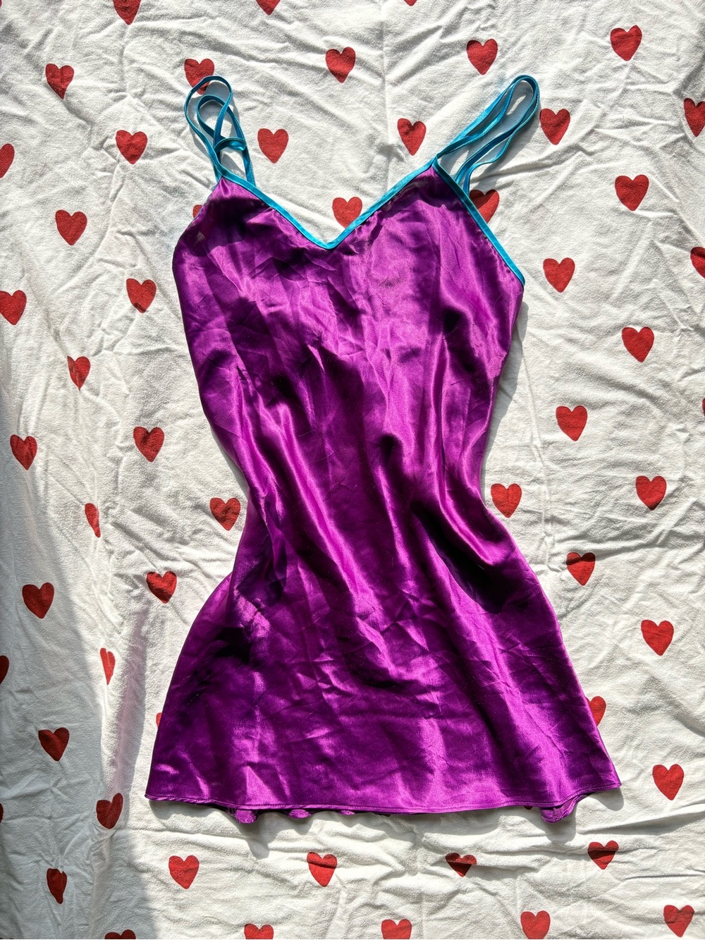 VTG Val Mode Purple Satin Slip Dress Blue Trim 90s Y2K Whimsigoth